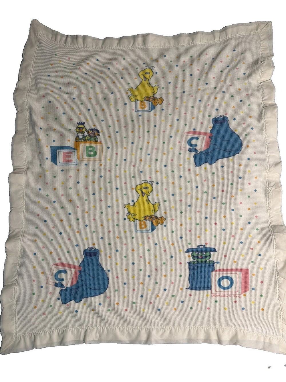 Vtg Sesame Street Character Alphabet White Waffle Knit Stain Trim Baby Blanket